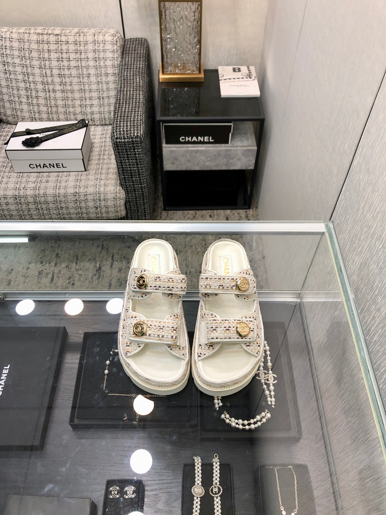 DAD SANDAL MULE IN WHITE MIX LIGHT GOLD TWEED FABRIC