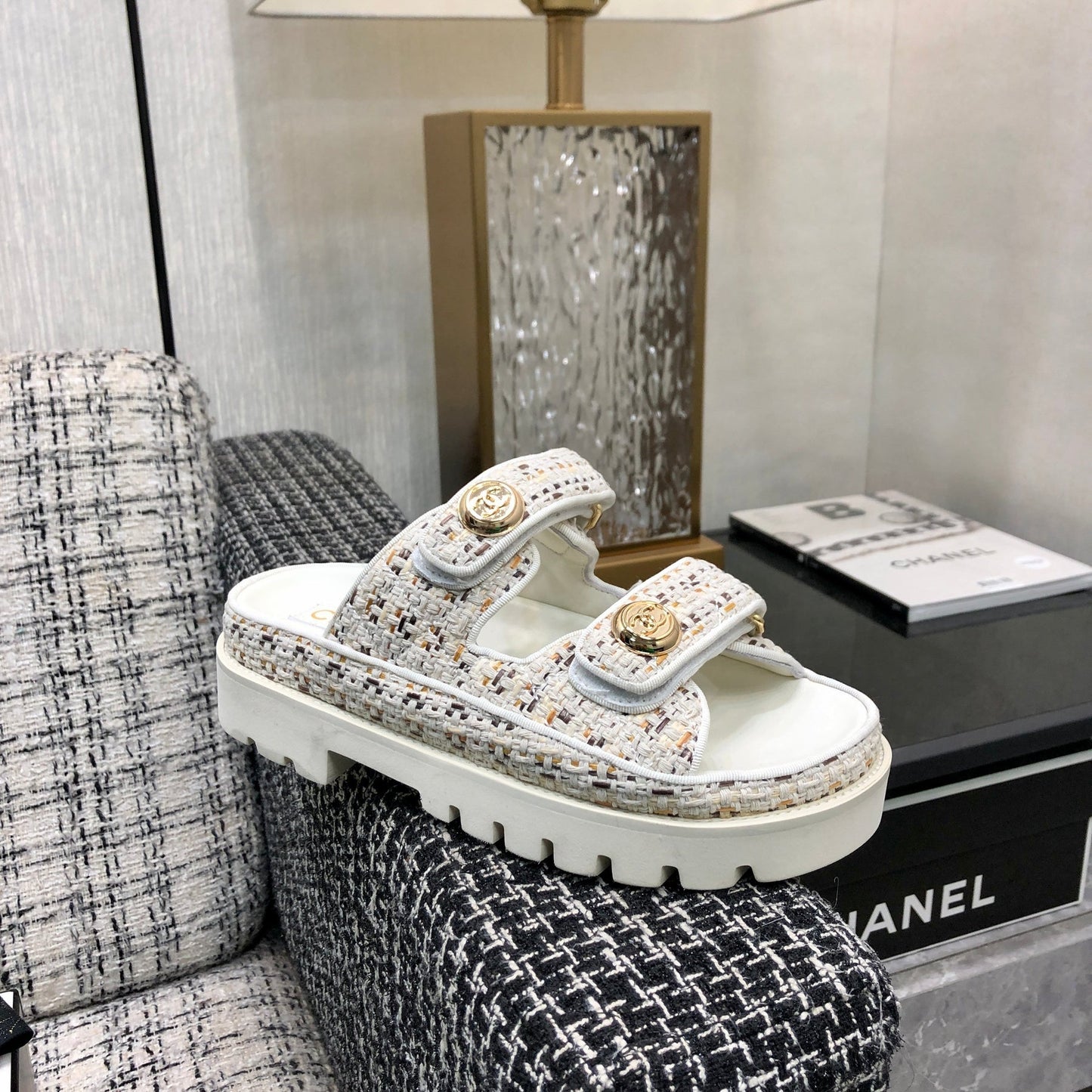 DAD SANDAL MULE IN WHITE MIX LIGHT GOLD TWEED FABRIC