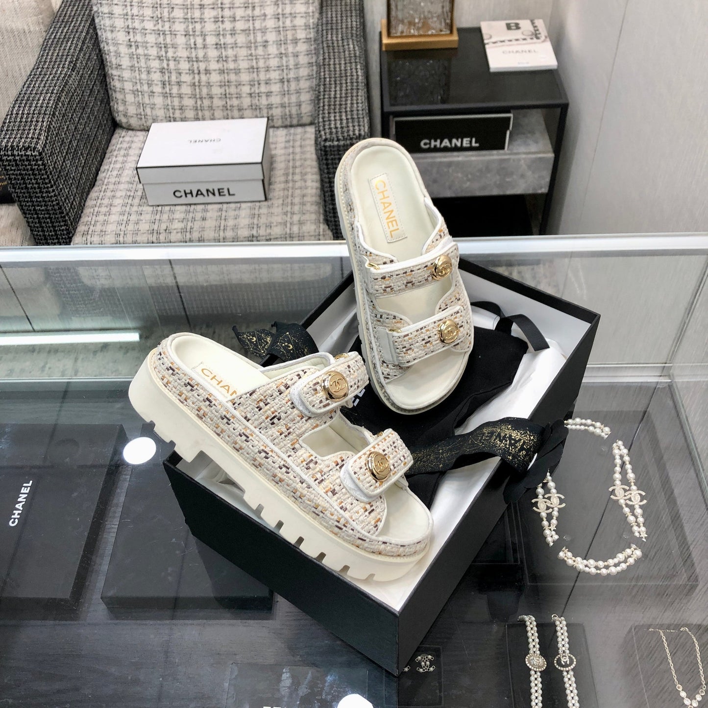 DAD SANDAL MULE IN WHITE MIX LIGHT GOLD TWEED FABRIC