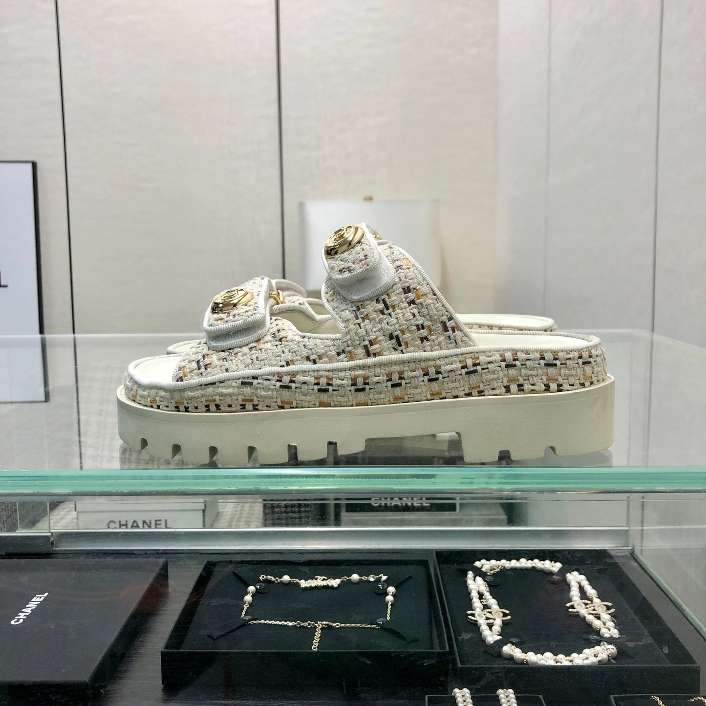 DAD SANDAL MULE IN WHITE MIX LIGHT GOLD TWEED FABRIC