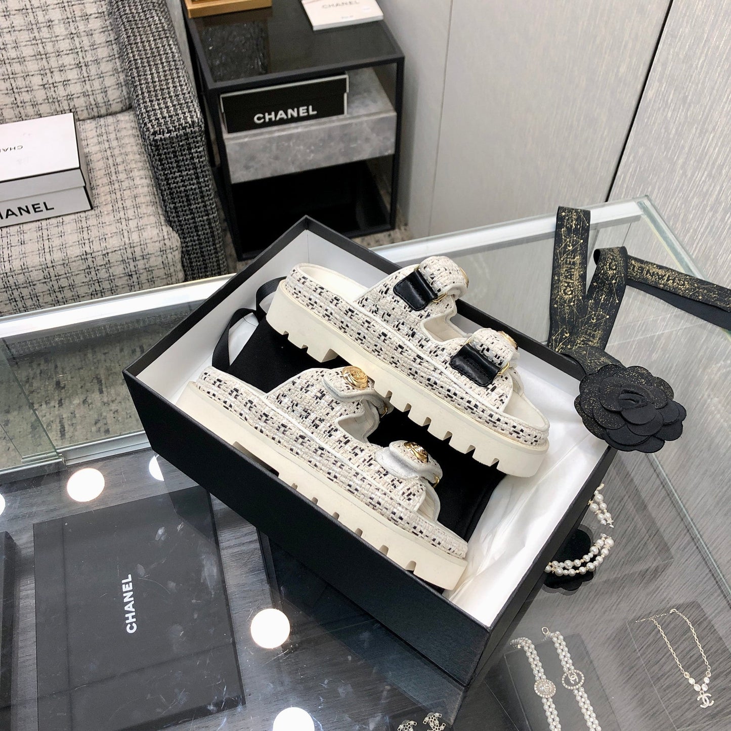 DAD SANDAL MULE IN WHITE MIX BLACK TWEED FABRIC