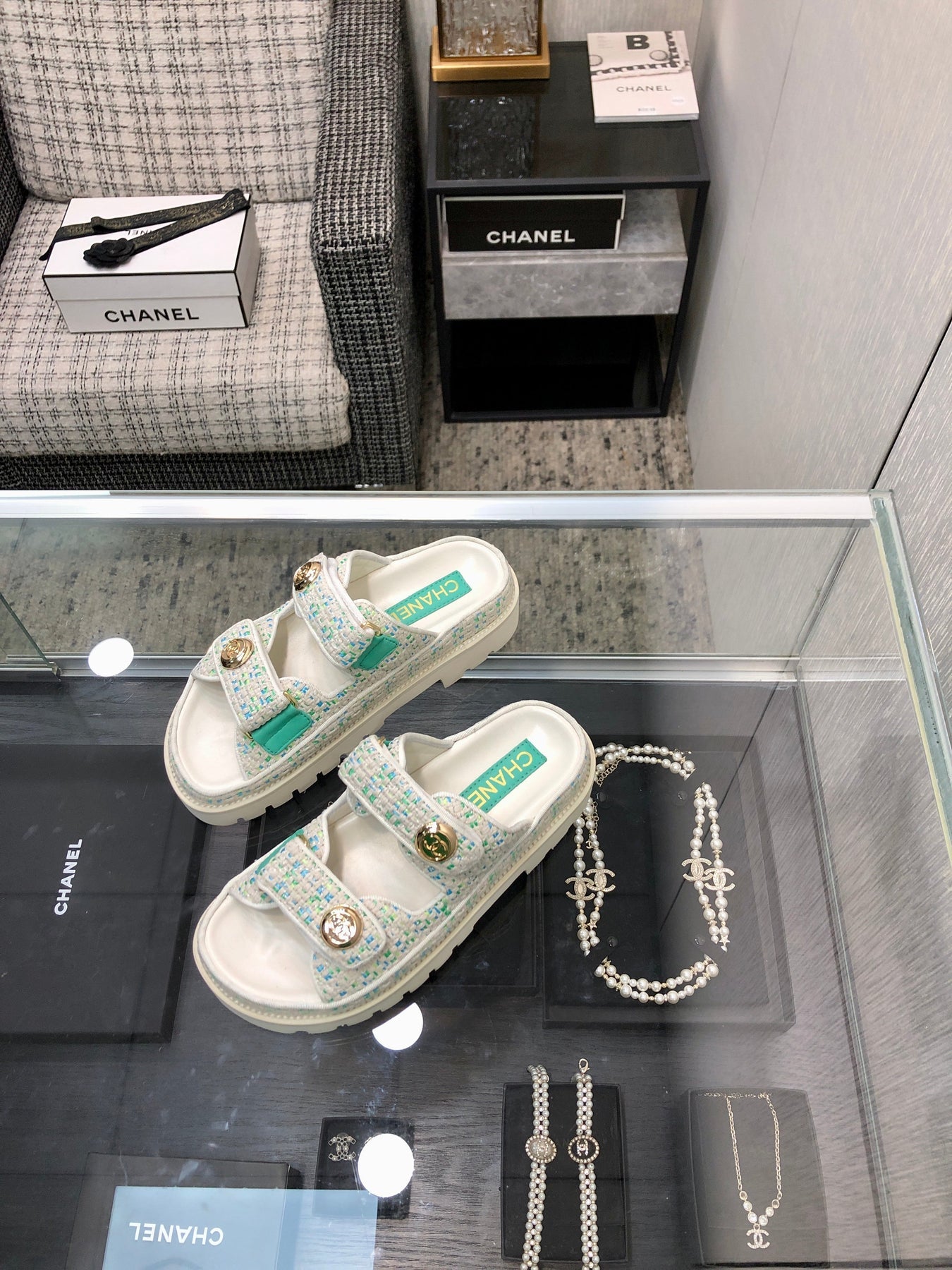 DAD SANDAL MULE IN WHITE MIX PERSIAN GREEN TWEED FABRIC