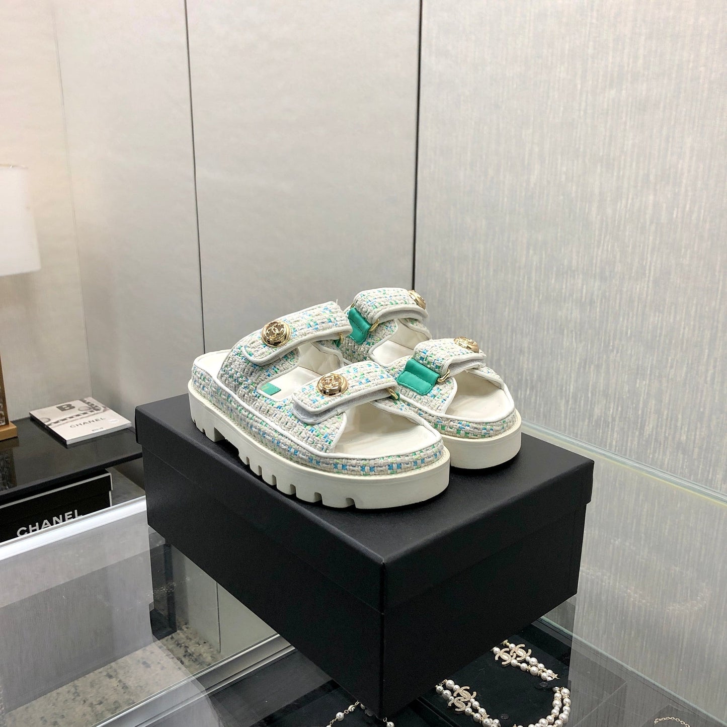 DAD SANDAL MULE IN WHITE MIX PERSIAN GREEN TWEED FABRIC