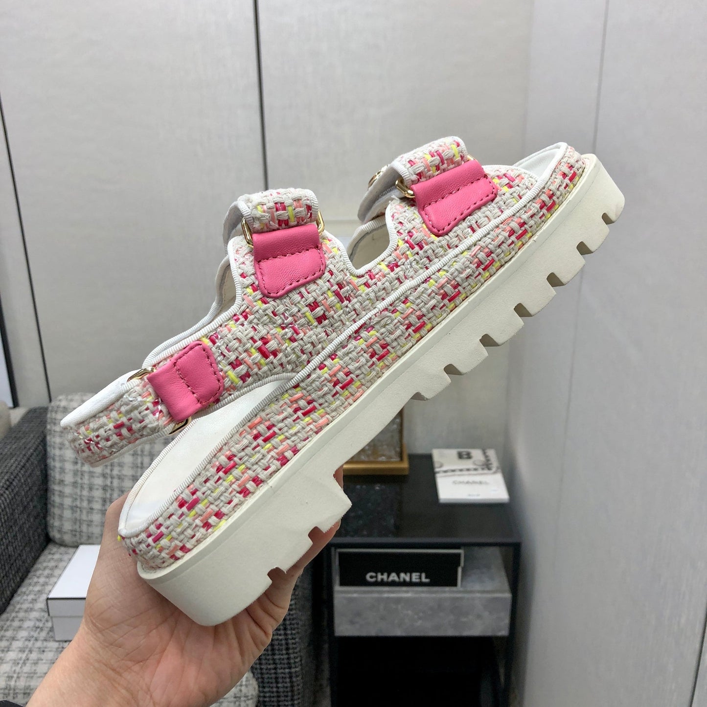 DAD SANDAL IN WHITE MIX BRIGHT PINK TWEED FABRIC