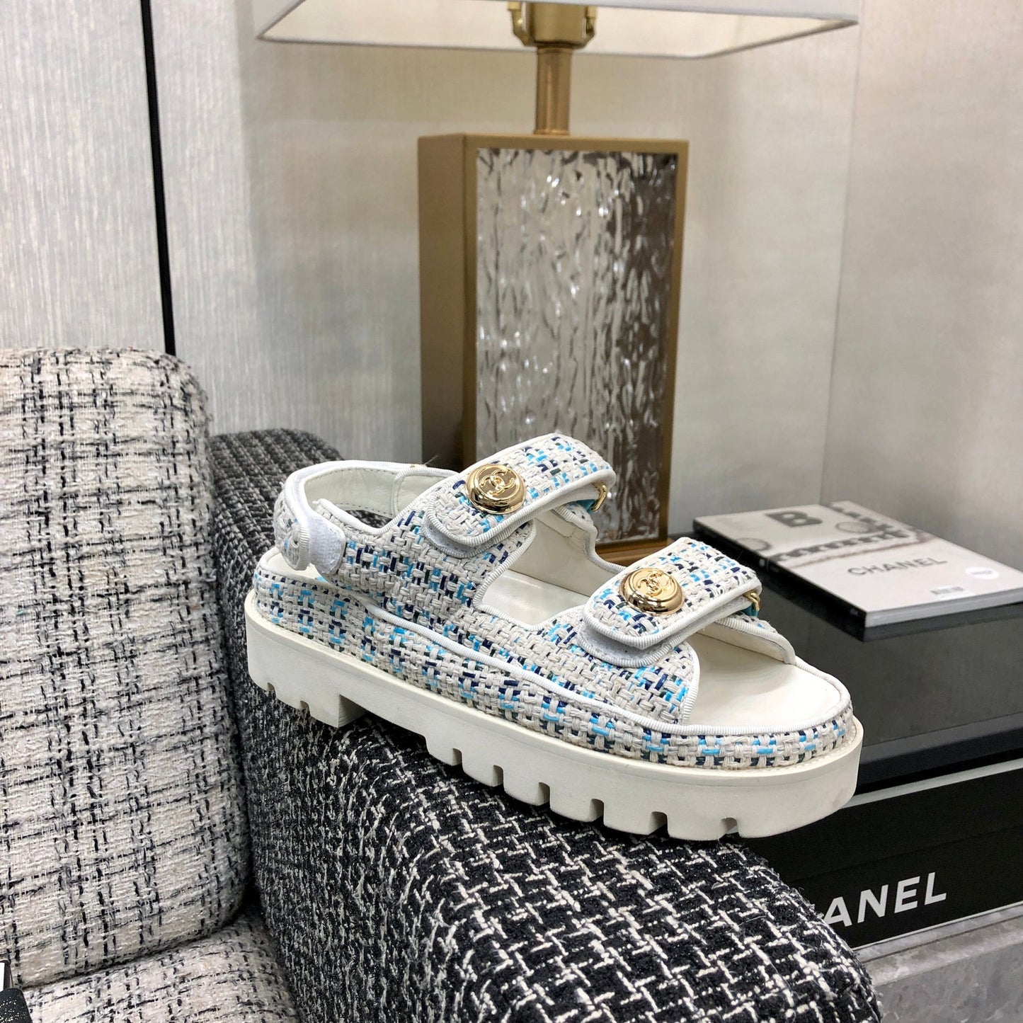 DAD SANDAL IN WHITE MIX LIGHT BLUE TWEED FABRIC