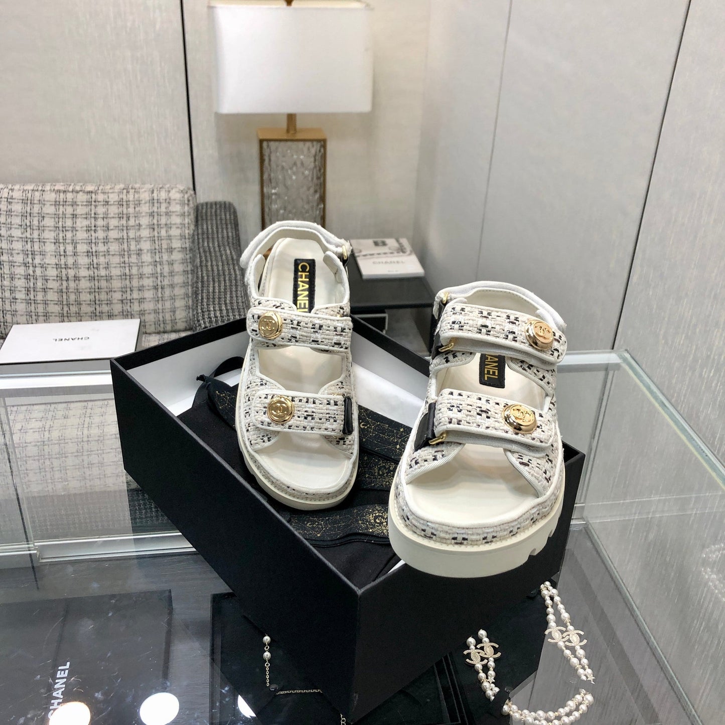 DAD SANDAL IN WHITE MIX BLACK TWEED FABRIC