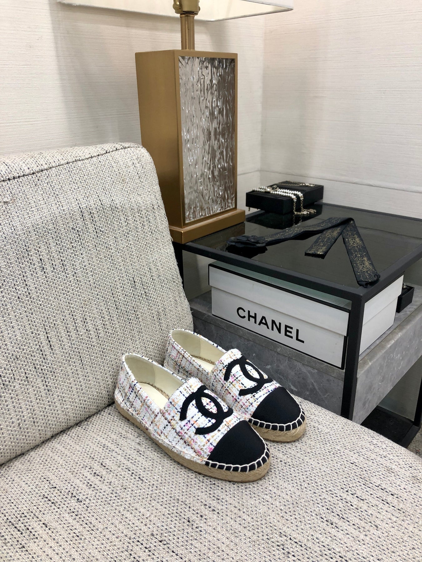 ESPADRILLE WHITE MIX BLACK TWEED FABRIC FLATS