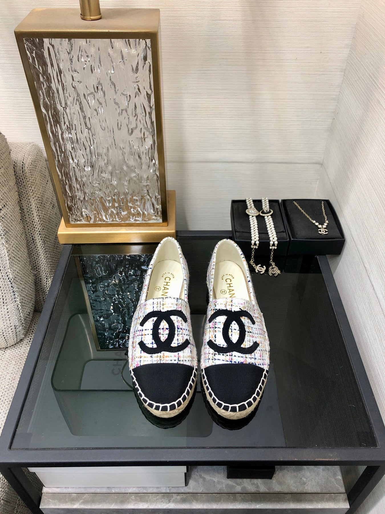 ESPADRILLE WHITE MIX BLACK TWEED FABRIC FLATS