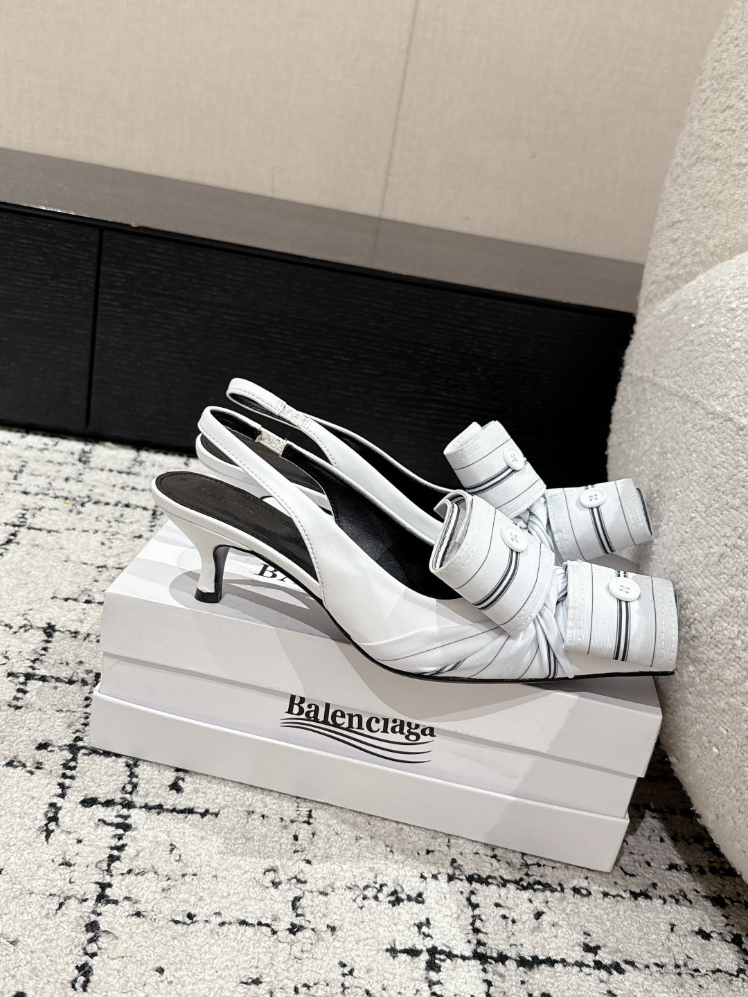 KNIFE CHEMISE 45MM SLINGBACK IN WHITE MIX BLACK COTTON AND CALFSKIN