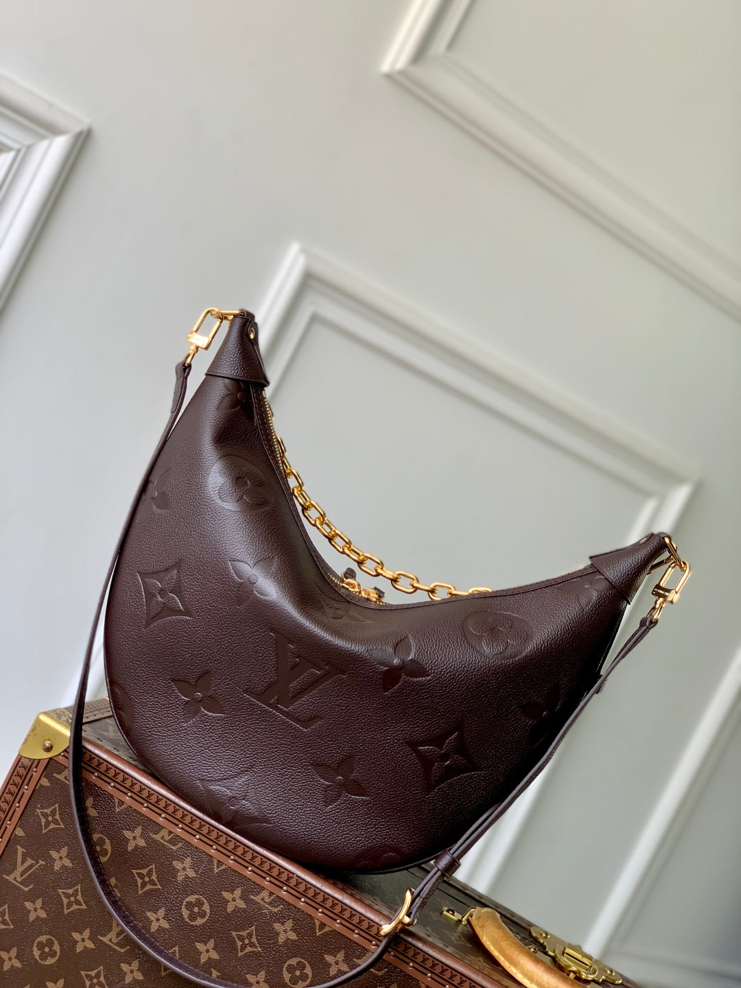 LOOP HOBO 38 IN DARK BROWN MONOGRAM EMPREINTE CALFSKIN EMBOSSED LOGO