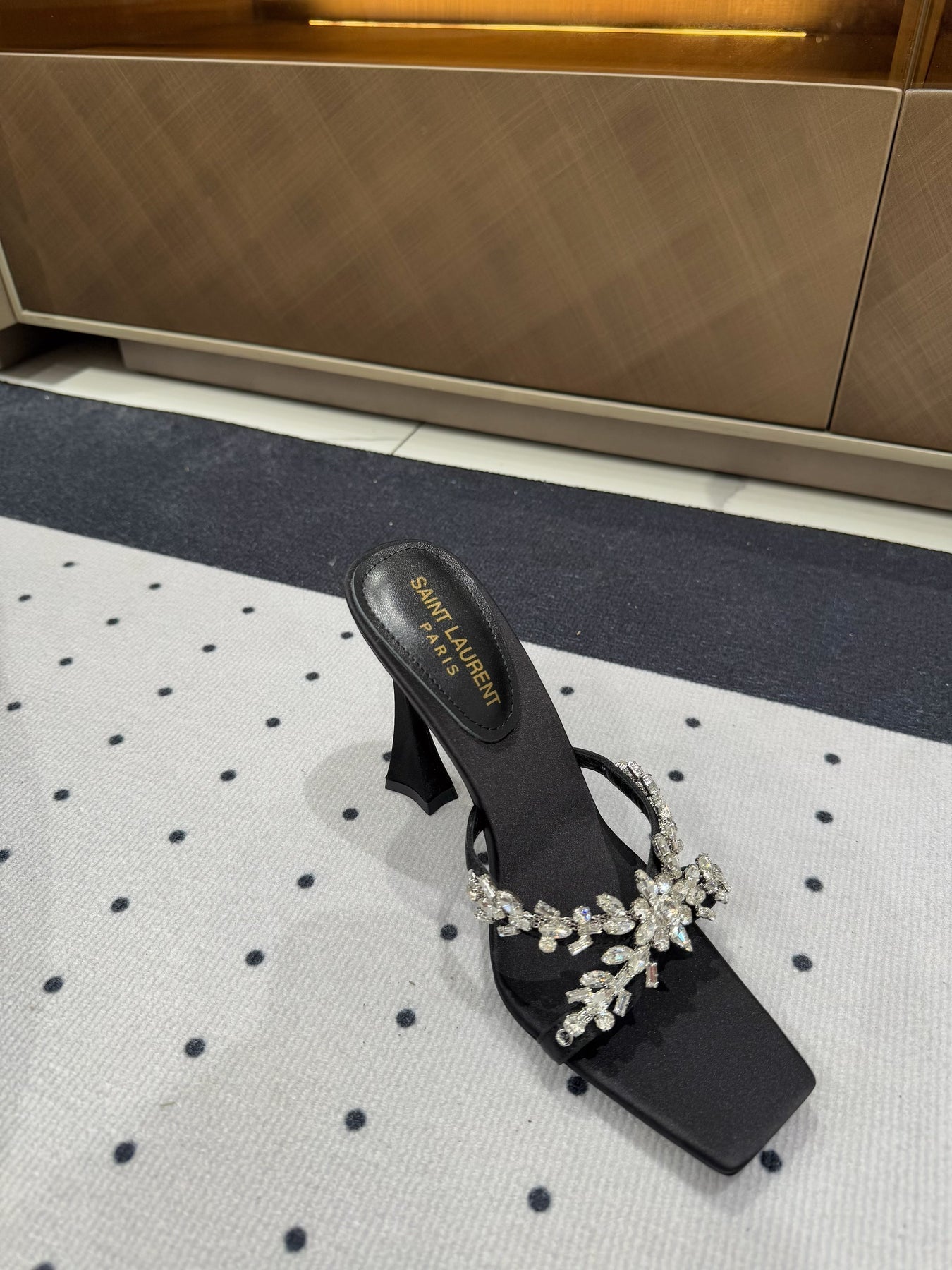 HIGH RHINESTONE CROSS STRAP MULES IN BLACK SILK