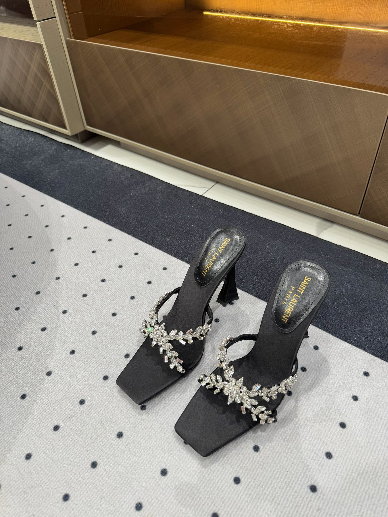 HIGH RHINESTONE CROSS STRAP MULES IN BLACK SILK