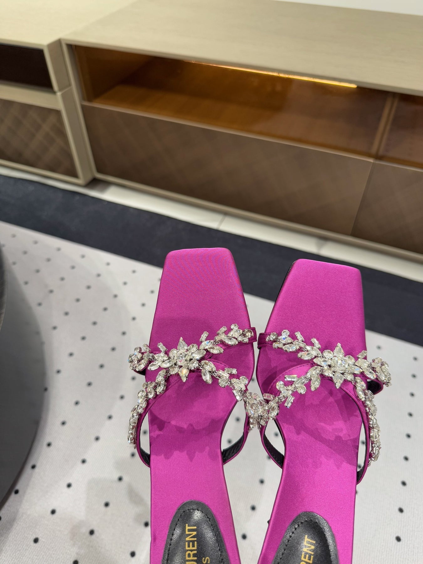 HIGH RHINESTONE CROSS STRAP MULES IN MAGENTA PINK SILK