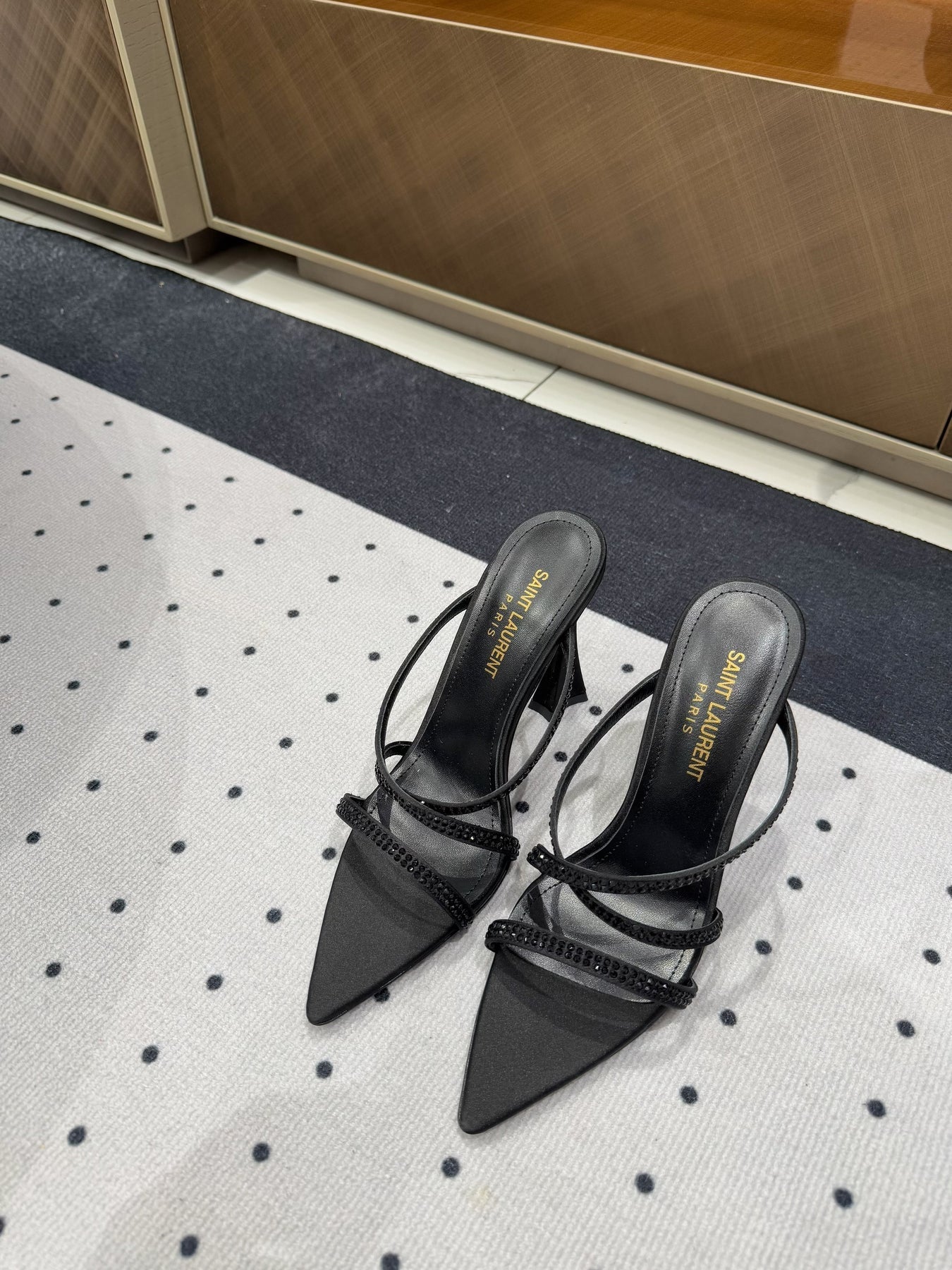 HIGH CRYSTAL STRAP SANDALS IN BLACK SILK