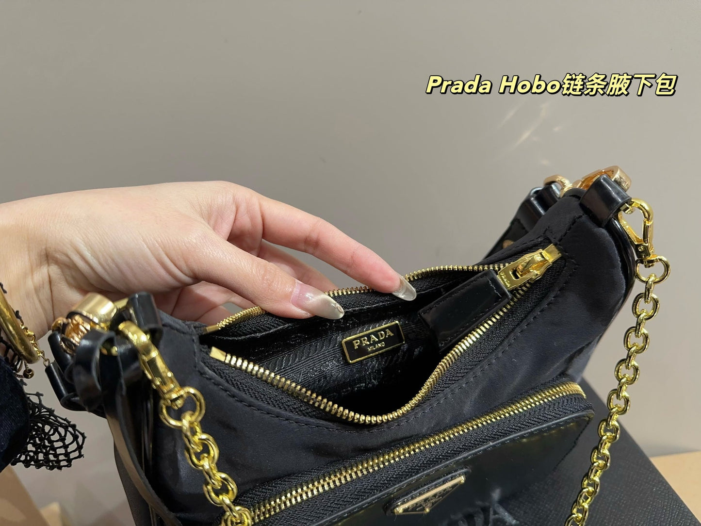 HOBO BAG 22 IN BLACK RE-NYLON AND CALFSKIN WITH GOLD HARDWARE