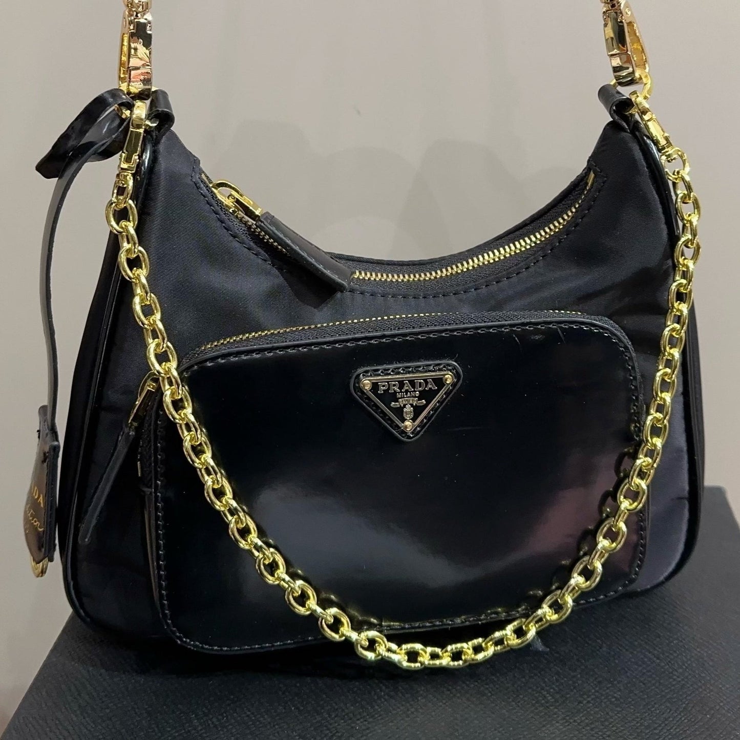 HOBO BAG 22 IN BLACK RE-NYLON AND CALFSKIN WITH GOLD HARDWARE