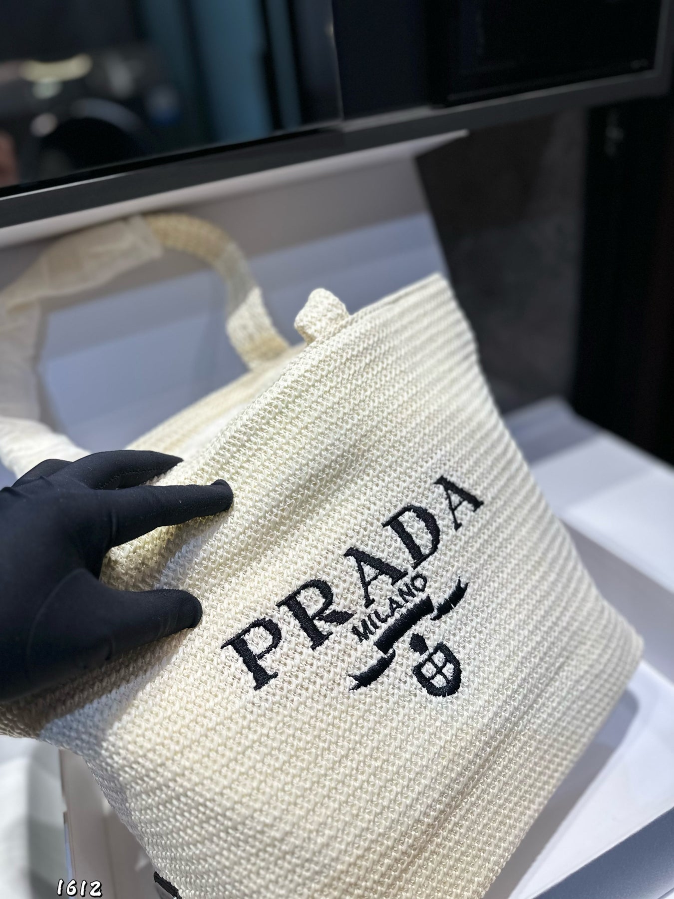 EMBROIDED LOGO MINI TOTE BAG 23 IN WHITE WOVEN RAFFIA