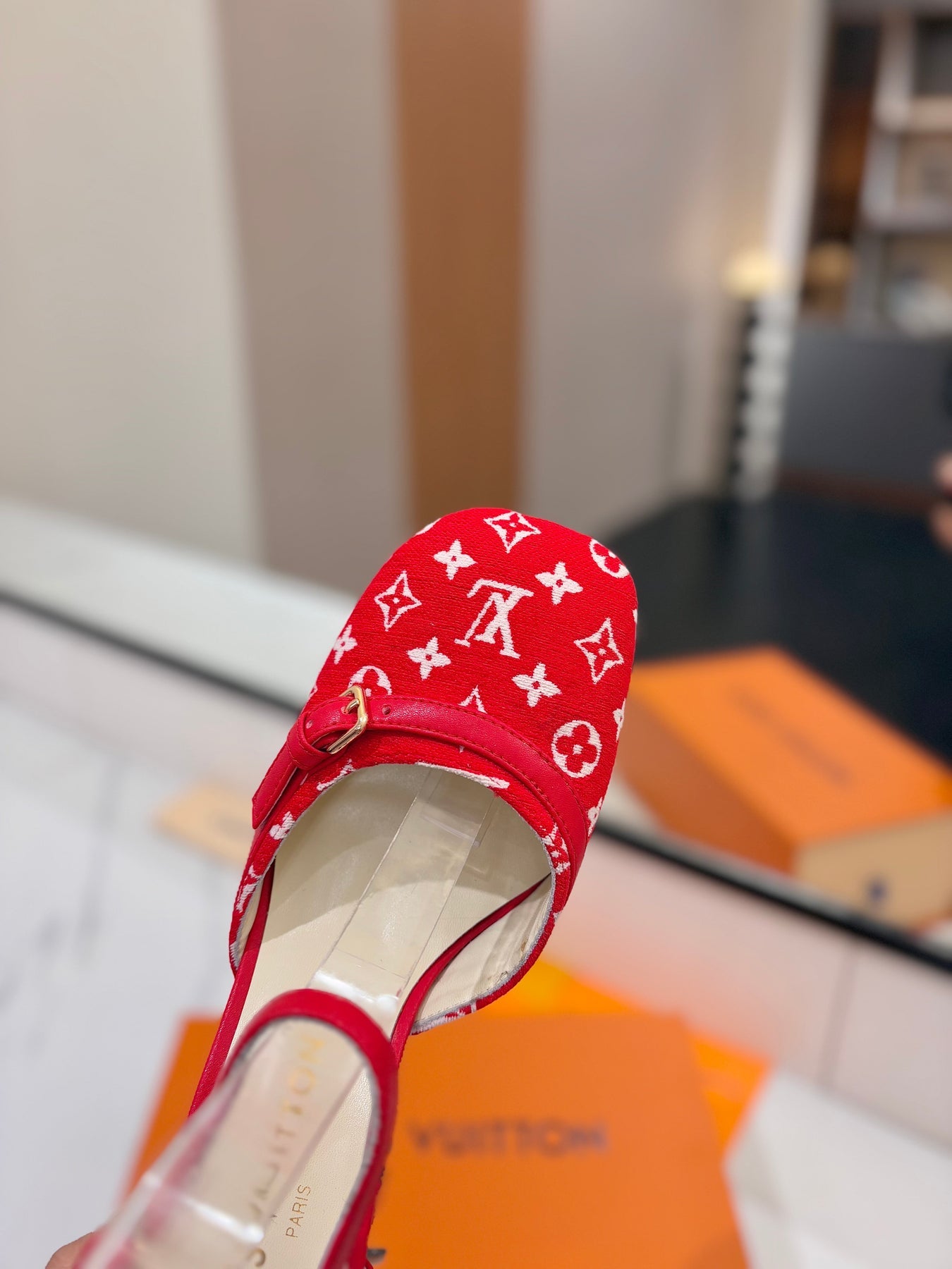 HIGH SANDALS 8 CM IN CHERRY RED MONOGRAM DENIM