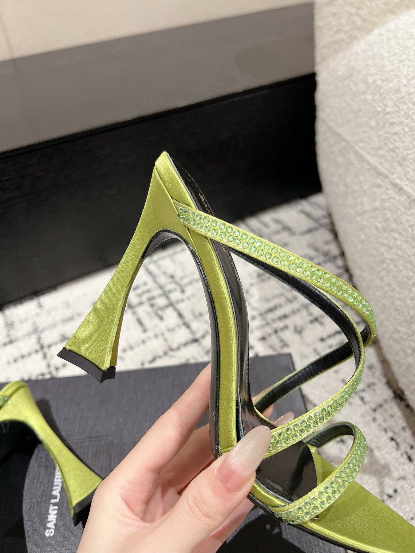 HIGH CRYSTAL STRAP SANDALS IN PEAR GREEN SILK