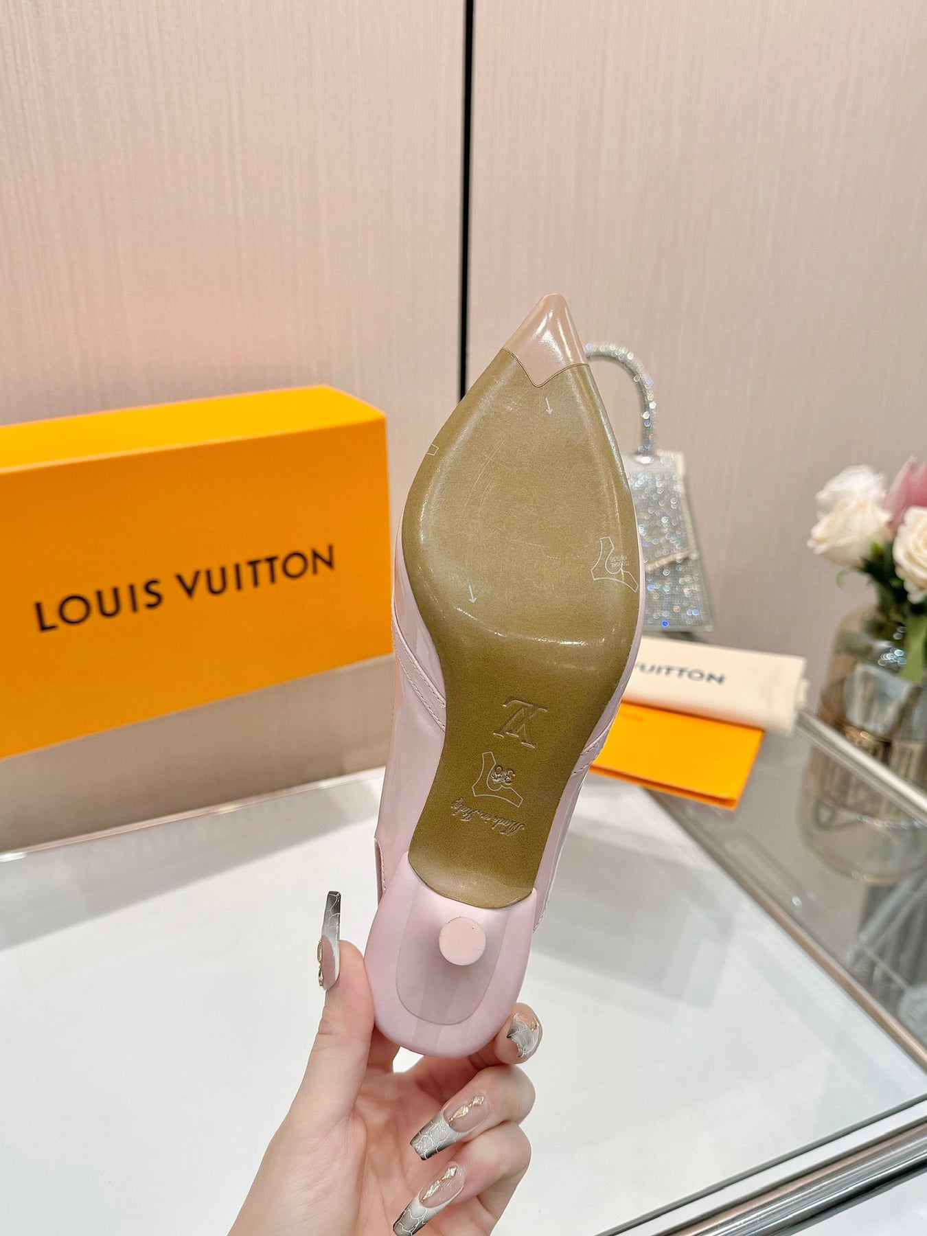 6AM SLINGBACK HIGH HEELS 55 MM IN LIGHT PINK PATENT LAMBSKIN