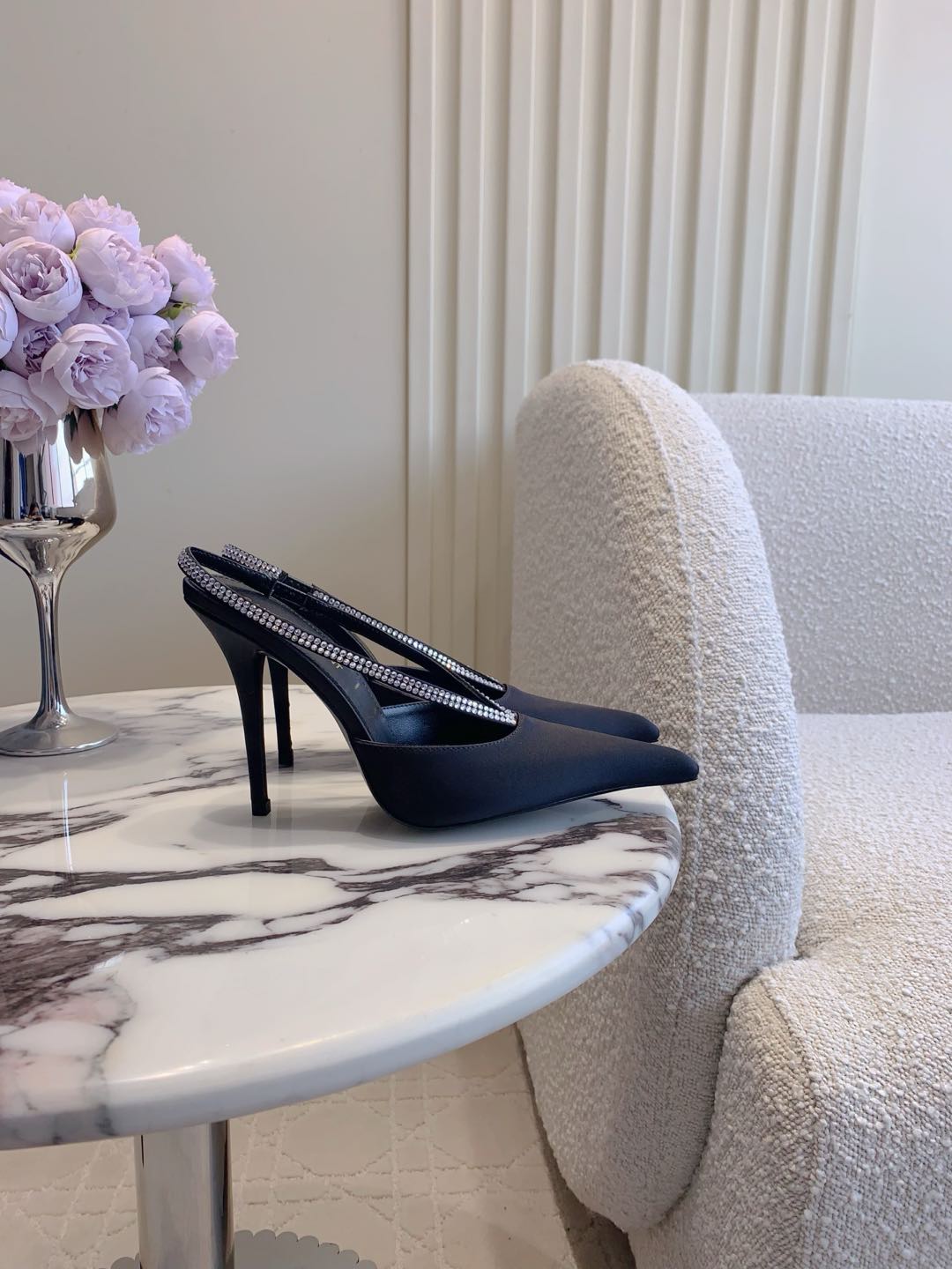 AMANDA SLINGBACK PUMPS IN BLACK SILK WITH RHINESTONES