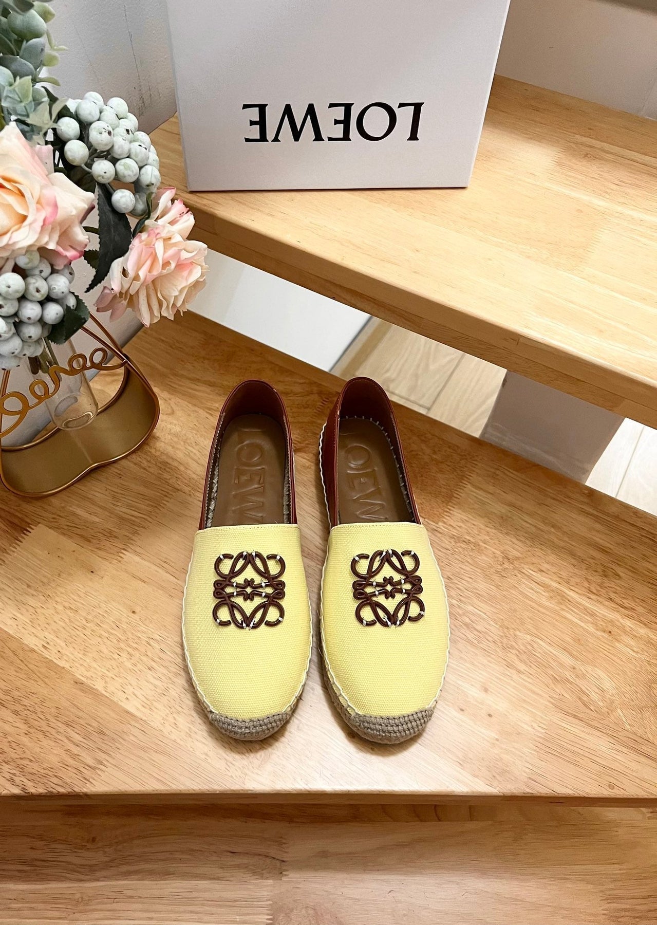 Loew Anagram Espadrille Yellow Brown Leather and Canvas