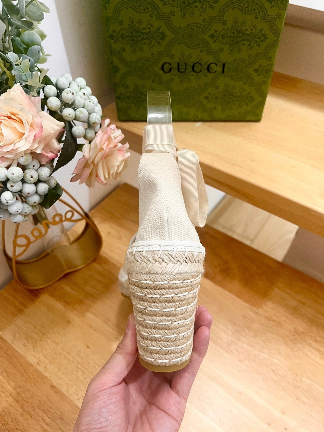 PLATFORM WITH RHINESTONE LOGO IN CREAM BEIGE CANVAS AND STRAW LINING