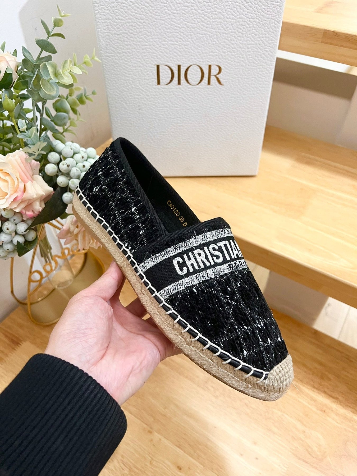 GRANVILLE ESPADRILLE BLACK OBLIQUE EMBROIDERED COTTON