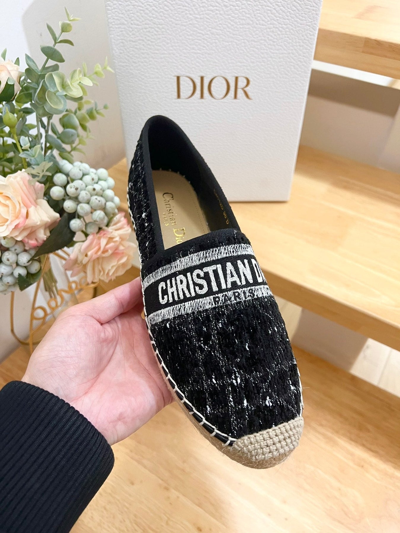GRANVILLE ESPADRILLE BLACK OBLIQUE EMBROIDERED COTTON