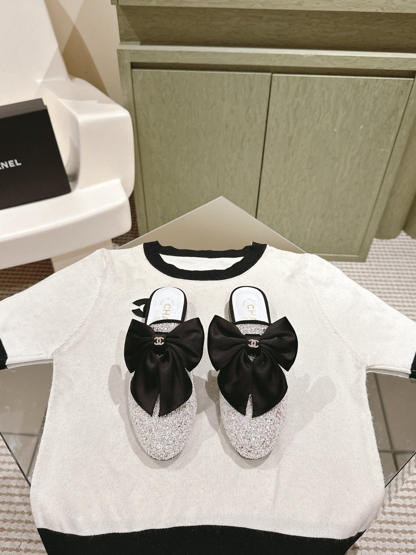 CC JEWELED MULE WITH SILK BLACK BOW IN WHITE LAMBSKIN