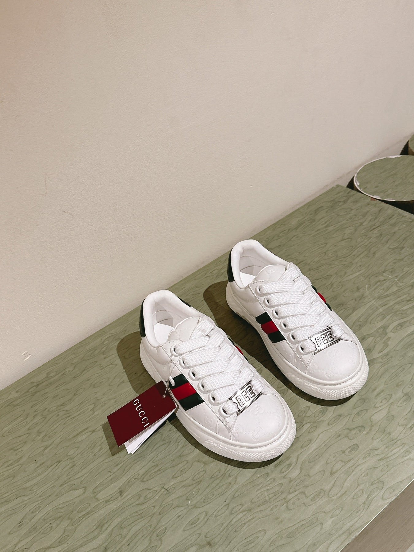 GG ACE SNEAKER WITH WEB IN WHITE EMBOSSED CALFSKIN