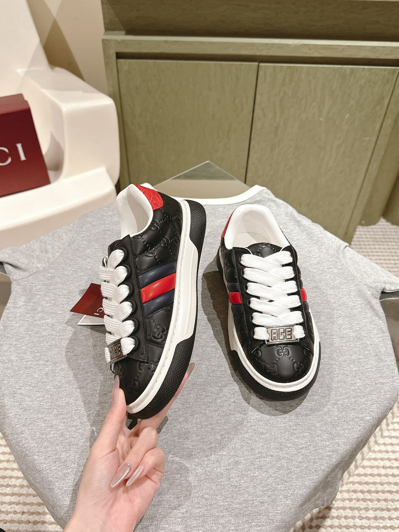 GG ACE SNEAKER WITH WEB IN BLACK EMBOSSED CALFSKIN