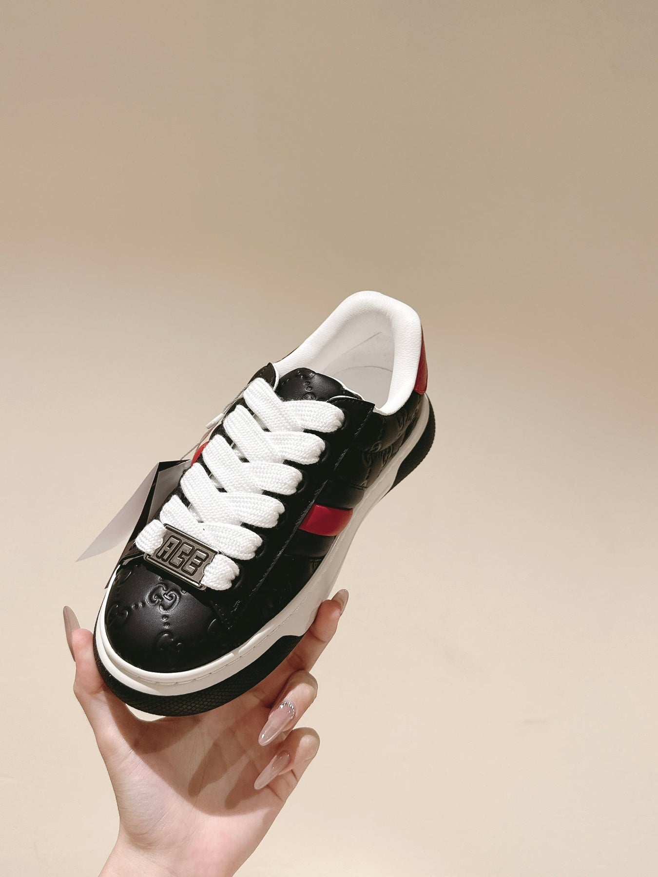 GG ACE SNEAKER WITH WEB IN BLACK EMBOSSED CALFSKIN