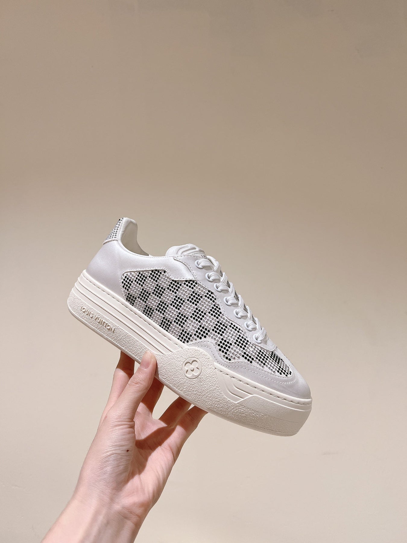 LV GROOVY SNEAKER IN WHITE MIX BLACK DAMIER STRASS AND CALFSKIN