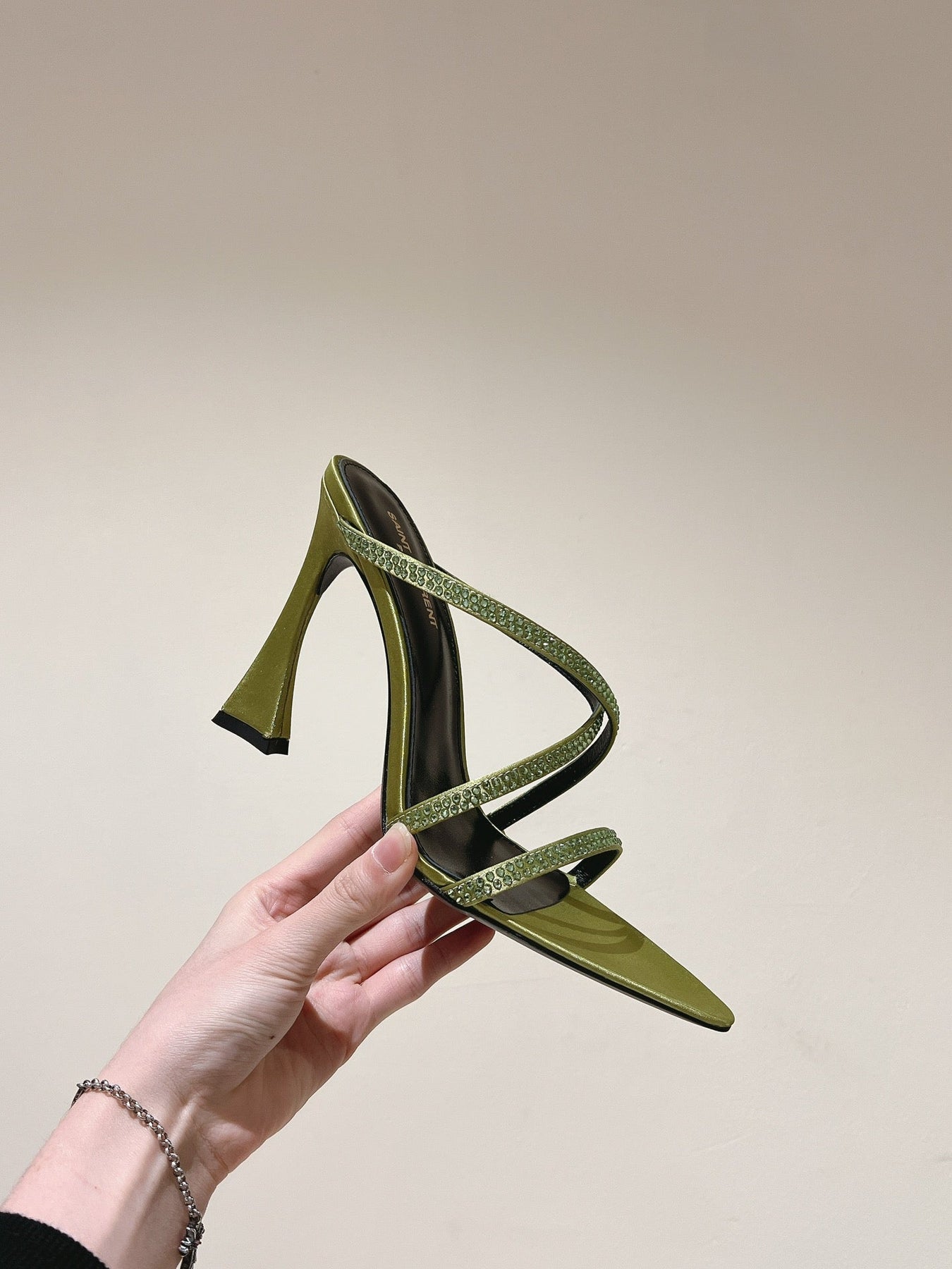 HIGH HEEL MULE 10 CM IN OLIVE GREEN SATIN WITH RHINESTONES