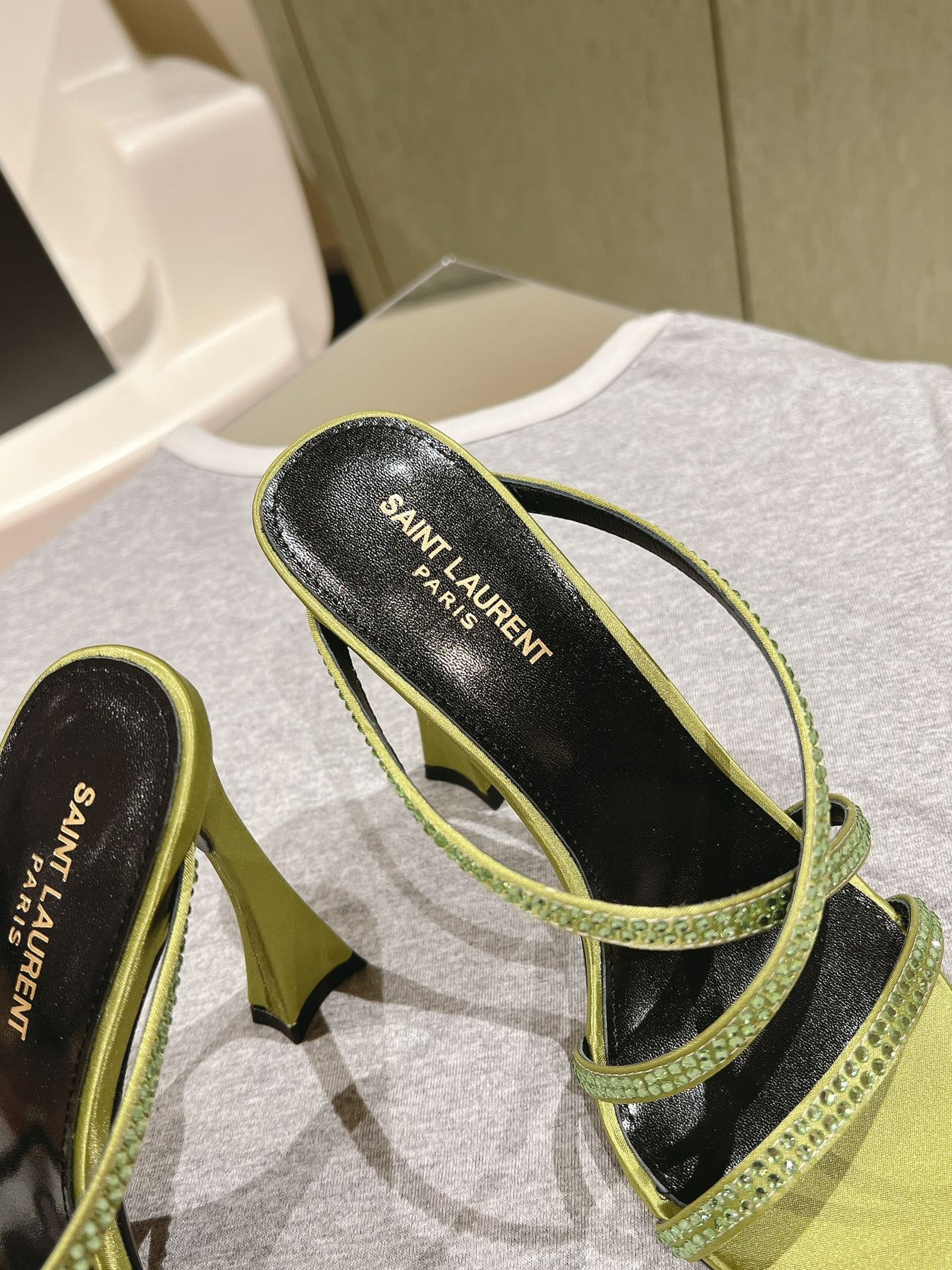 HIGH HEEL MULE 10 CM IN OLIVE GREEN SATIN WITH RHINESTONES
