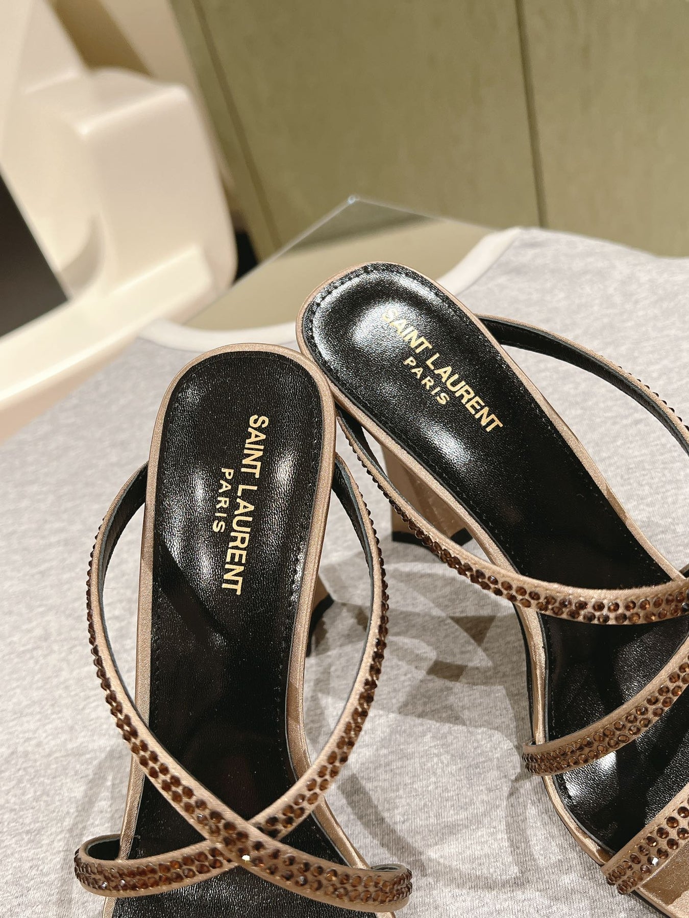 HIGH HEEL MULE 10 CM IN CAMEL BEIGE SATIN WITH RHINESTONES