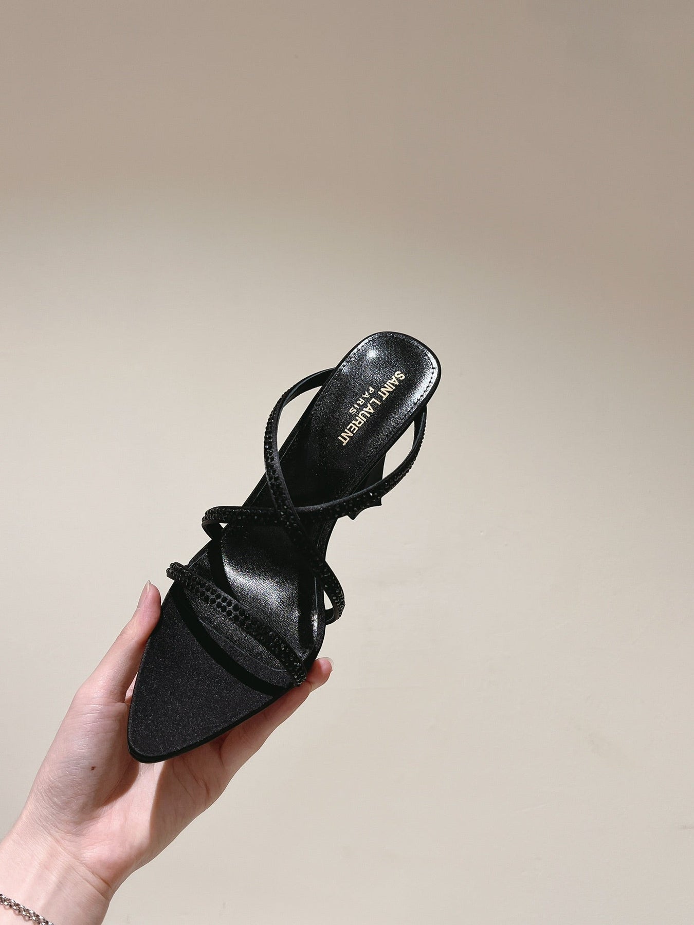 HIGH HEEL MULE 10 CM IN BLACK SATIN WITH RHINESTONES