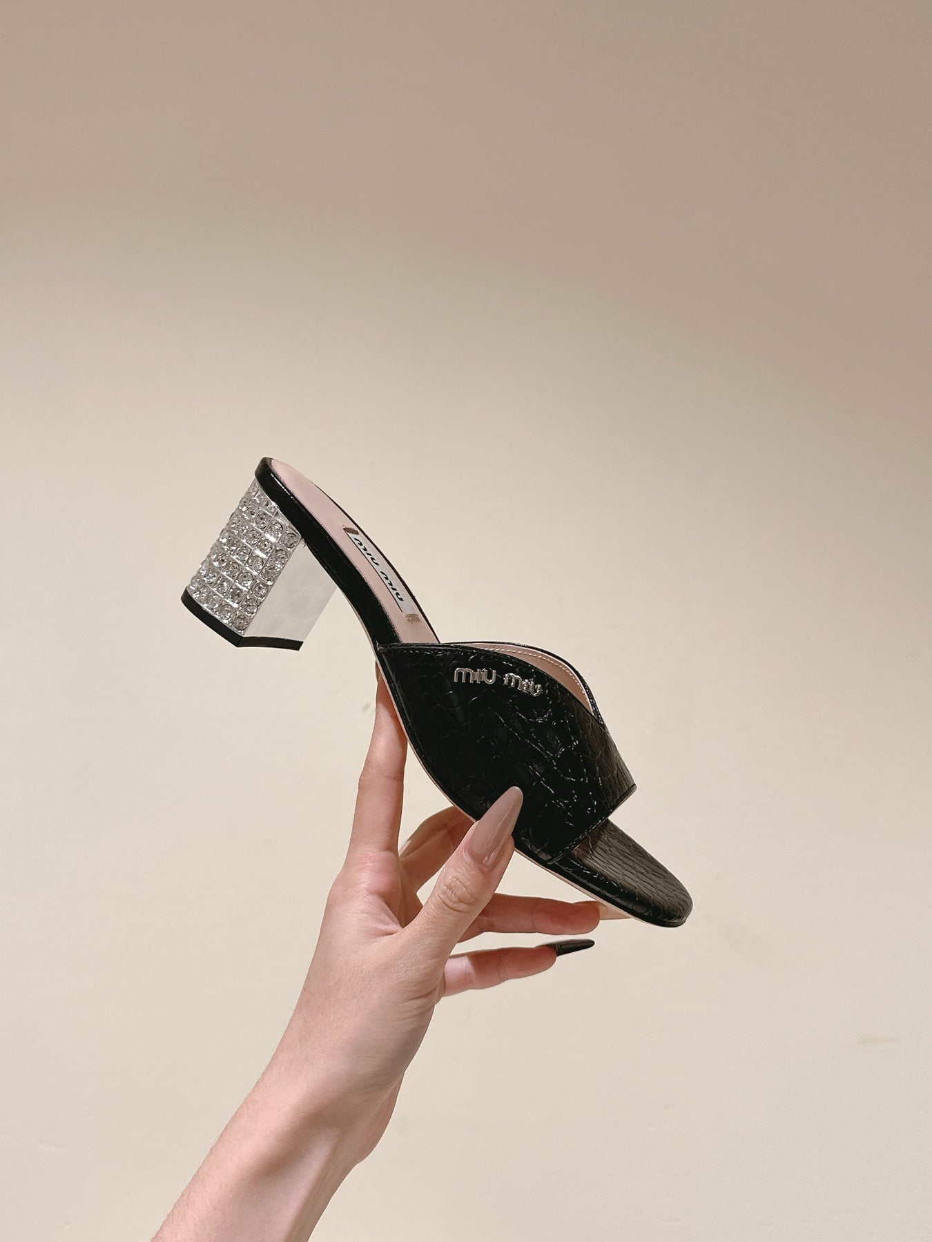 JEWELLED HEEL 55 MULE SANDALS IN BLACK CALFSKIN