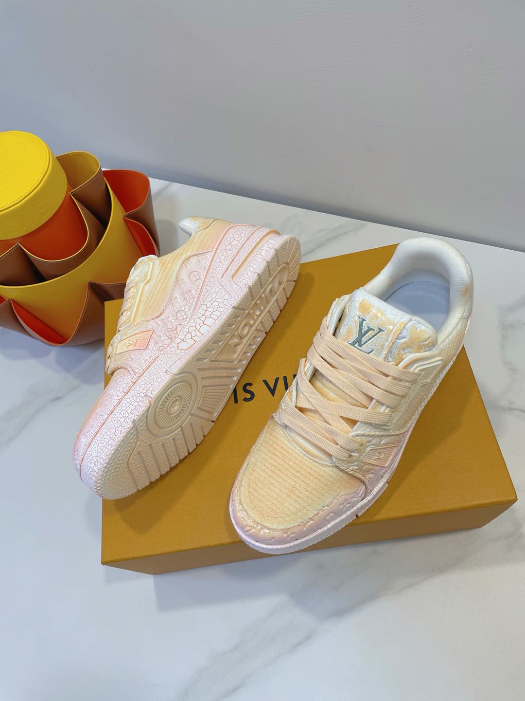 LV TRAINER MAXI SNEAKER IN LIGHT PINK OMBRE ORANGE EMBOSSED CALFSKIN