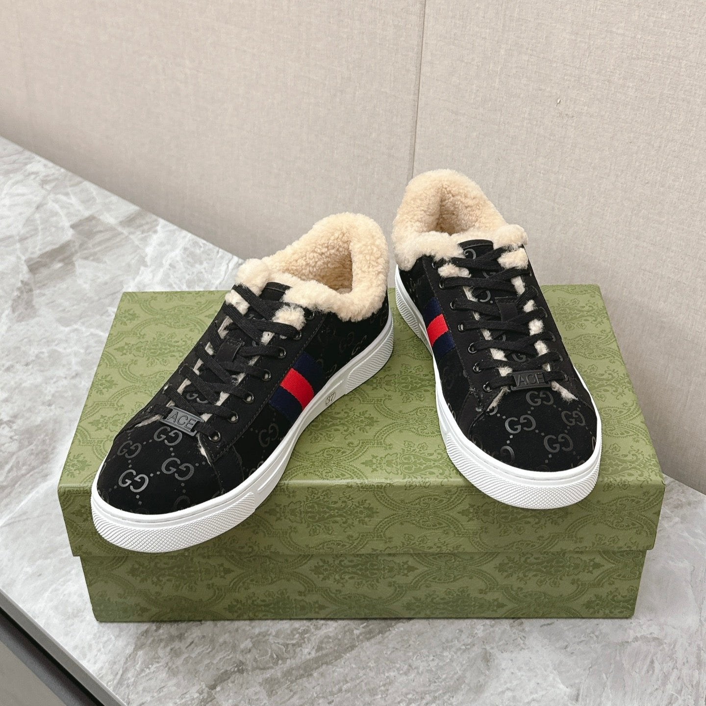 GG ACE SNEAKER WITH WEB IN BLACK EMBOSSED SUEDE AND WOOL LINING