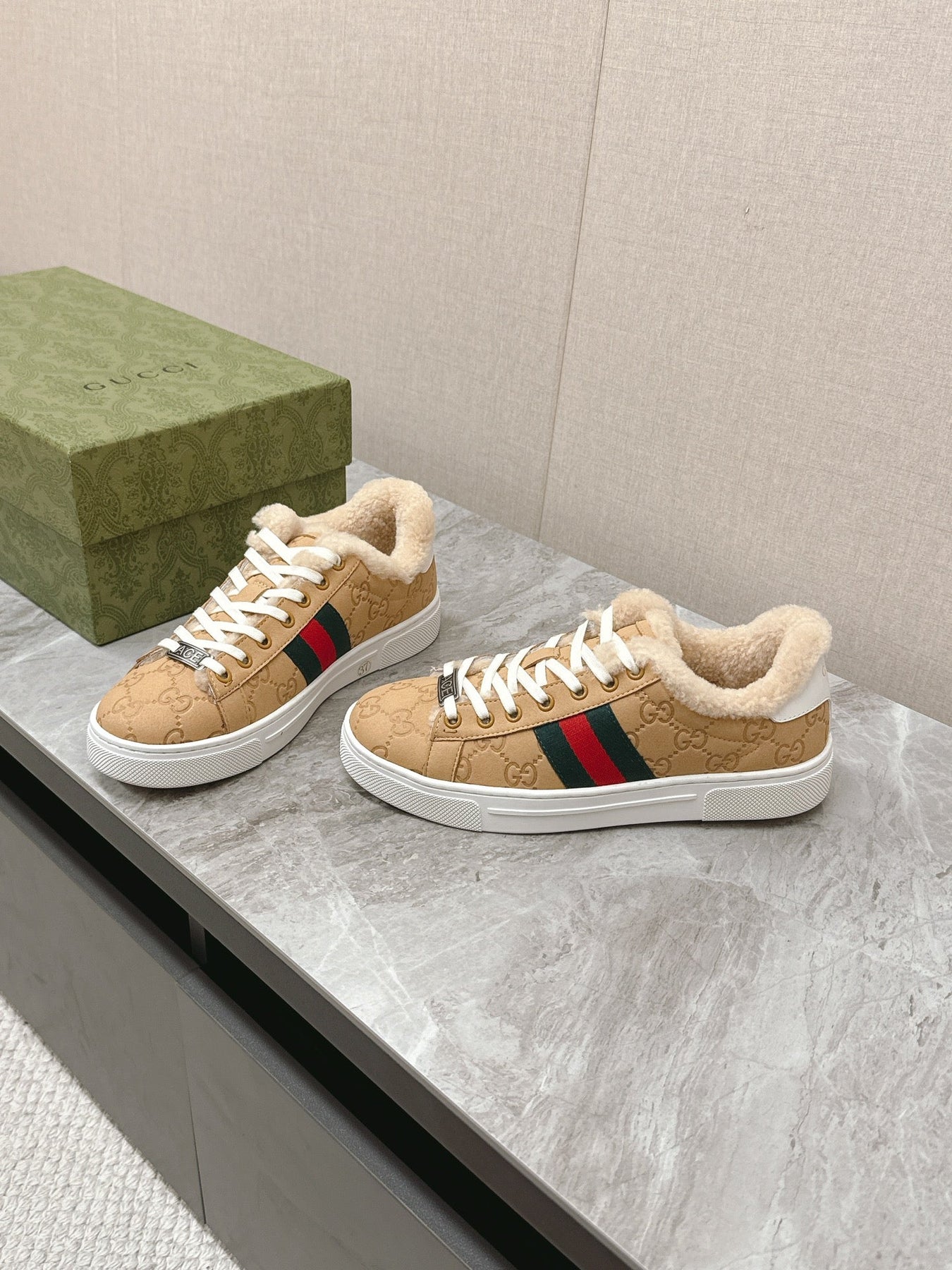 GG ACE SNEAKER WITH WEB IN BEIGE EMBOSSED SUEDE AND WOOL LINING