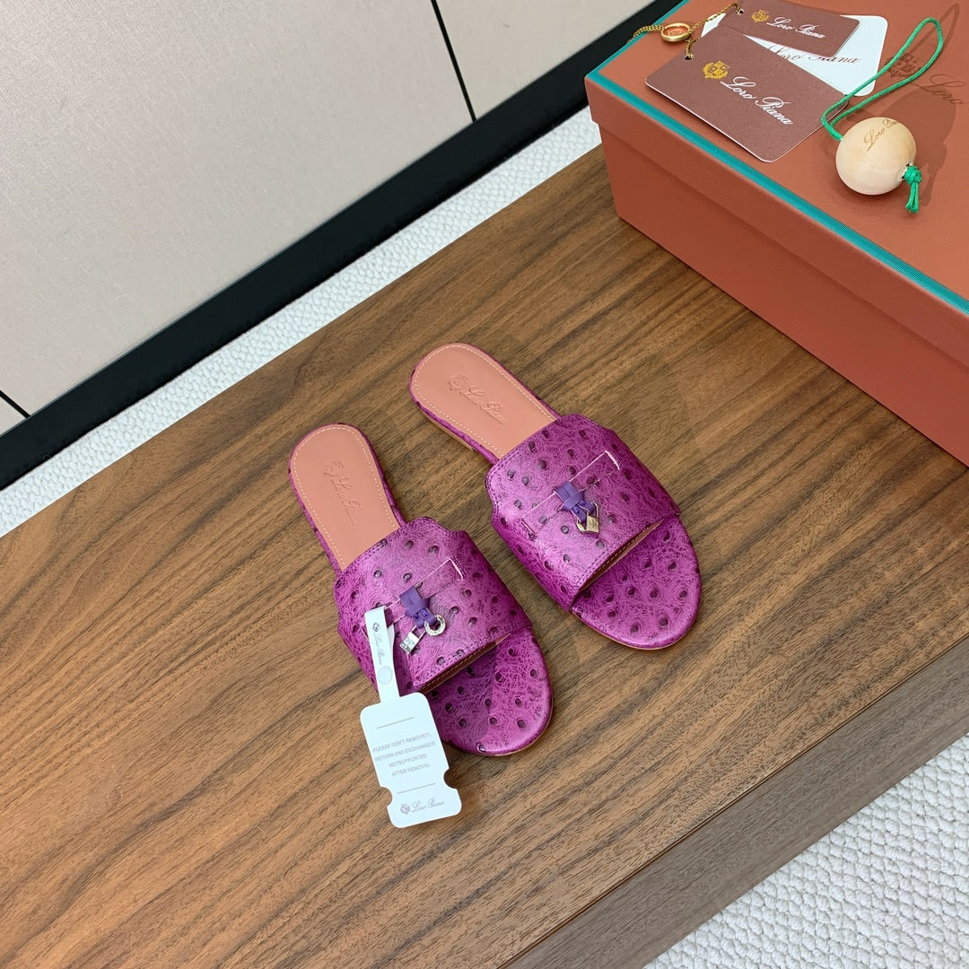 FLAT SLIPPERS IN PURPLE LAMBSKIN OSTRICH SKIN