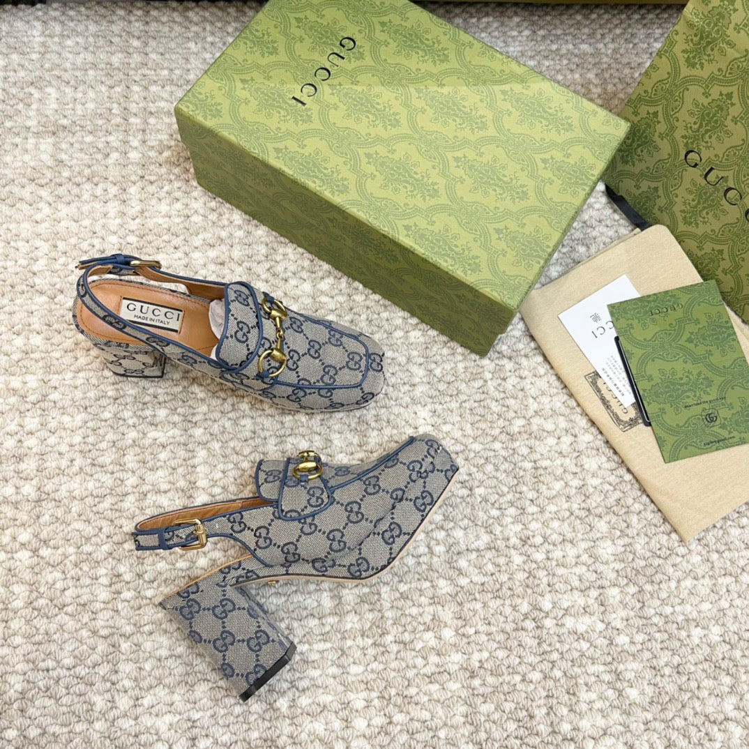 GG HIGH - HEEL SLINGBACK WITH HORSEBIT LIGHT GRAY CALFSKIN