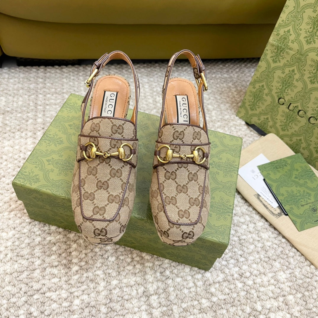 GG HIGH - HEEL SLINGBACK WITH HORSEBIT LIGHT BROWN CALFSKIN