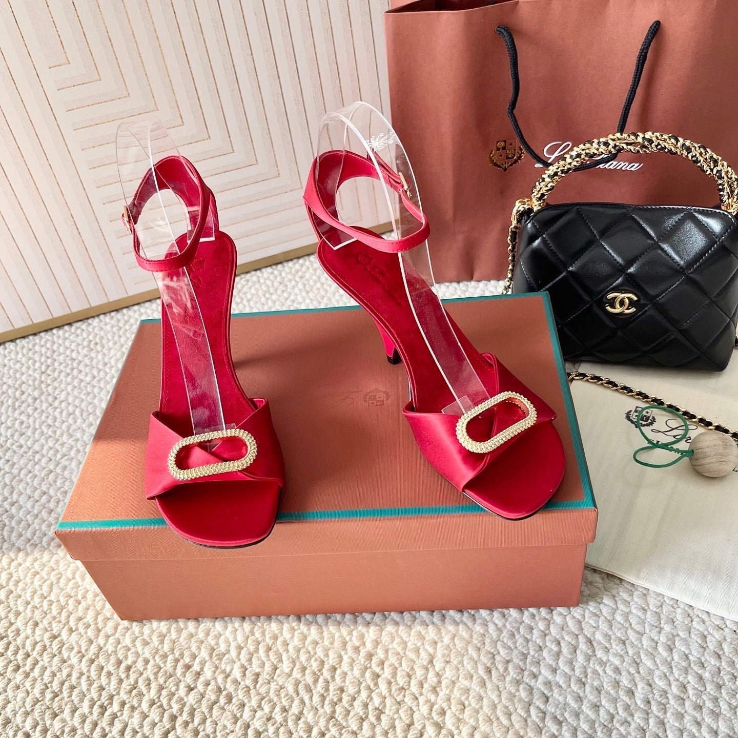 HIGH HEELS SANDALS 80 MM IN RED SATIN MIX SUEDUE