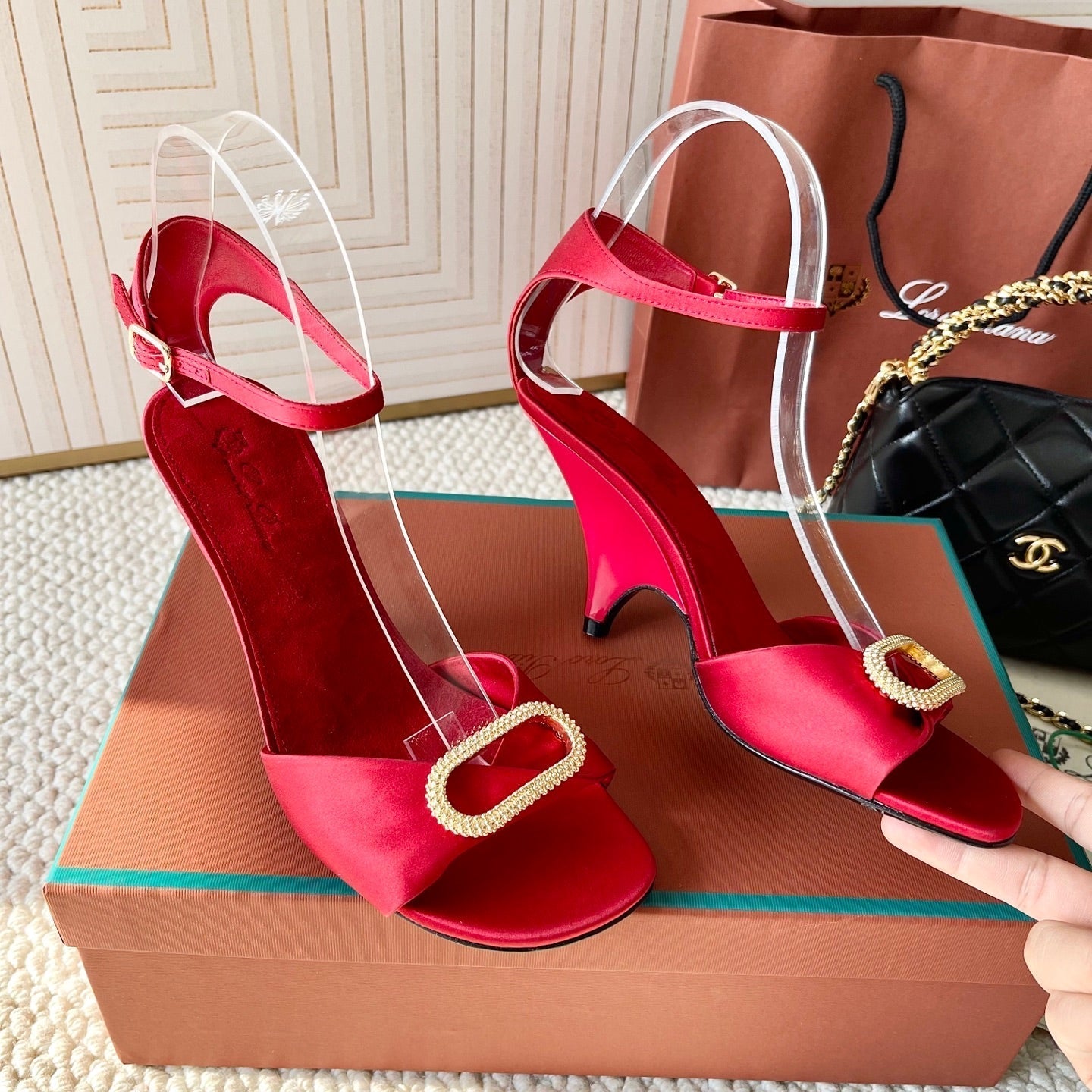 HIGH HEELS SANDALS 80 MM IN RED SATIN MIX SUEDUE