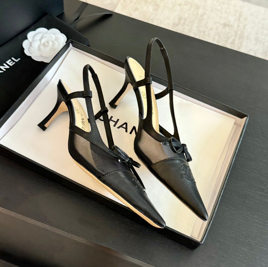 MESH LOGO SLINGBACKS IN BLACK LAMBSKIN
