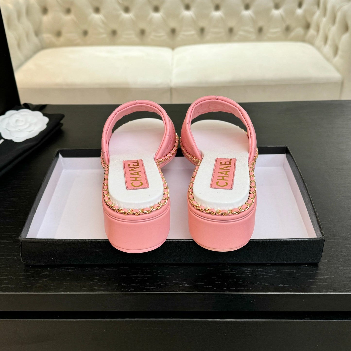 HIGH FLATFORM SLIPPER IN ROUGE PINK EMBOSSED SHEEPSKIN