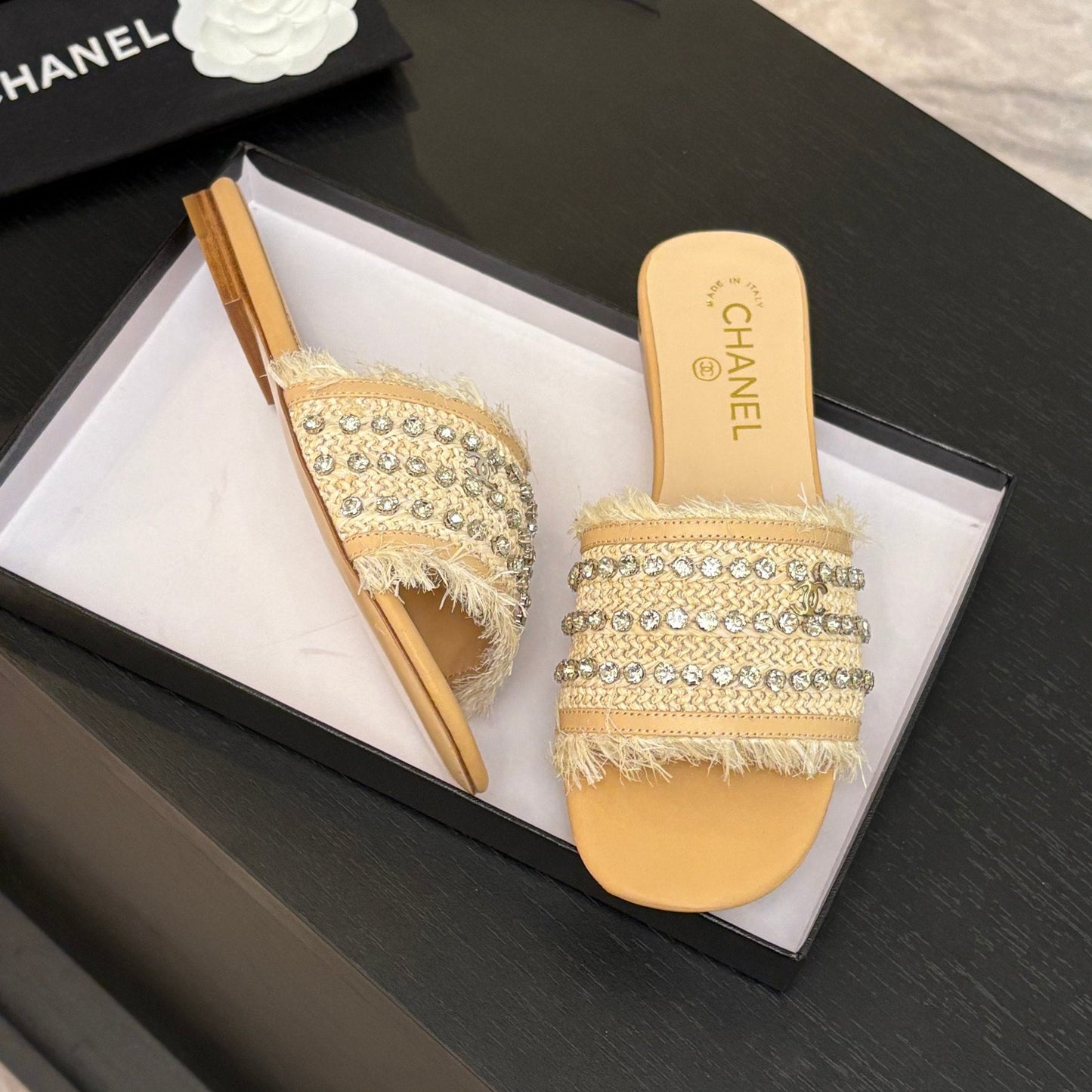 FLAT SANDALS BEIGE MIX LIGHT ORANGE WITH CRYSTALS